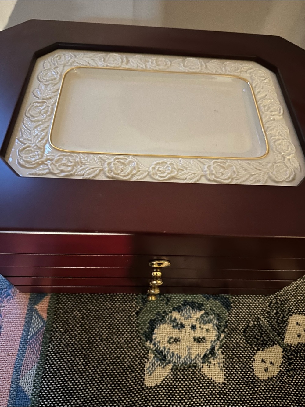 NWT Lenox Wood Jewelry Box with White Floral Design